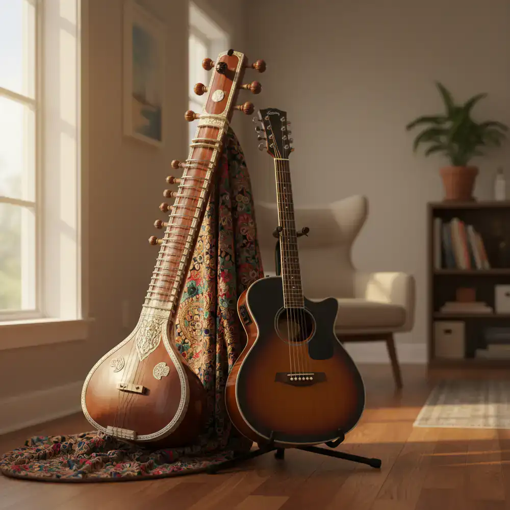 A classical sitar resting next to a modern acoustic guitar