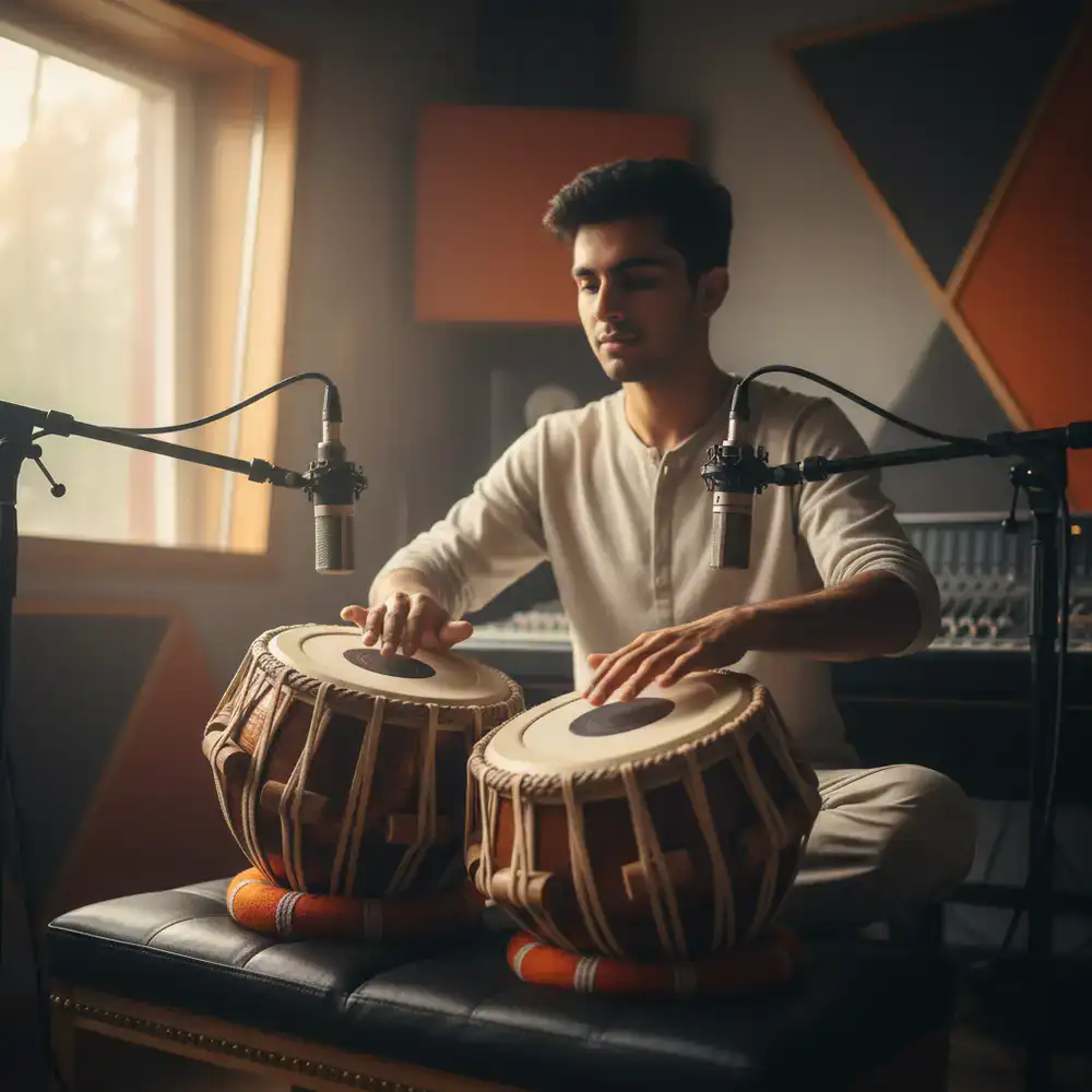 Student playing the Tabla during a studio session