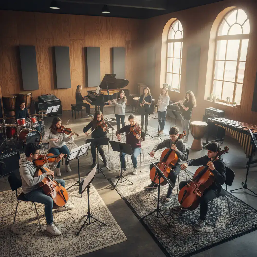 Students practicing music in the expansive Swara Academy studio