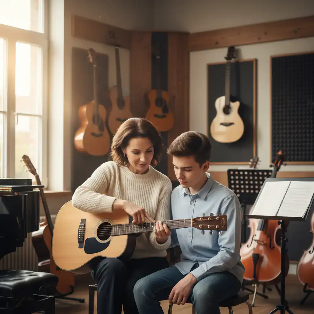 Music instructor guiding a student on technique in the academy studio